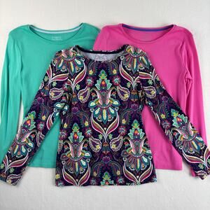 Talbots Tee Long Sleeve Pima Cotton (2) Bundle Pink Green Paisley Women's Small